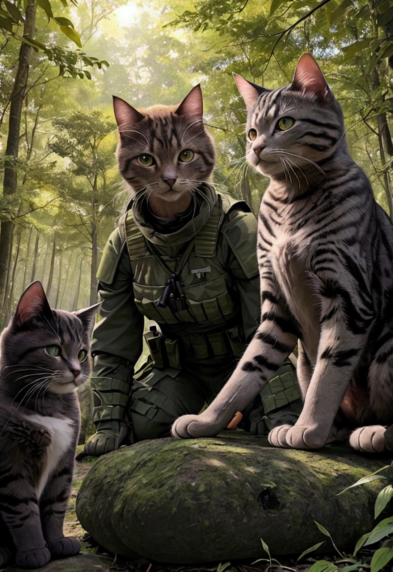 Illustrate an ultra-realistic and professional scene featuring a squad of elite special forces cats heavily armed and walking through a dense forest at sunset. Each cat is outfitted in detailed tactical gear, including body armor, weapons, and communication devices. The scene captures the golden hues of the setting sun filtering through the trees, casting a warm glow over the squad. The cats are moving in formation, displaying a sense of readiness and vigilance. The background should include realistic forest elements, such as trees, underbrush, and dappled light. The cats' expressions should reflect determination and focus, embodying the essence of elite special forces operatives on a mission. Key Elements to Include: Squad of cat special forces members in detailed tactical gear. Each cat heavily armed with realistic weaponry. Dense forest setting with the warm glow of sunset filtering through the trees. Cats moving in formation, displaying readiness and vigilance. Realistic forest elements, including trees, underbrush, and dappled light. Cats' expressions reflecting determination and focus. Style: Ultra-realistic with meticulous attention to detail, capturing the intensity and beauty of the scene.