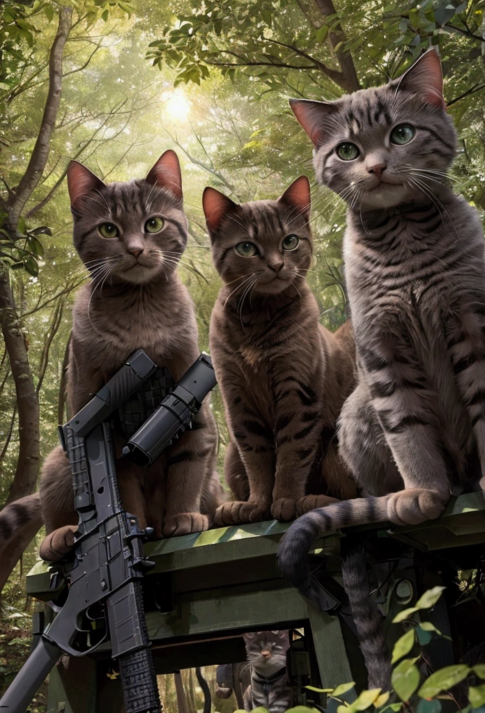 Illustrate an ultra-realistic and professional scene featuring a squad of elite special forces cats heavily armed and walking through a dense forest at sunset. Each cat is outfitted in detailed tactical gear, including body armor, weapons, and communication devices. The scene captures the golden hues of the setting sun filtering through the trees, casting a warm glow over the squad. The cats are moving in formation, displaying a sense of readiness and vigilance. The background should include realistic forest elements, such as trees, underbrush, and dappled light. The cats' expressions should reflect determination and focus, embodying the essence of elite special forces operatives on a mission. Key Elements to Include: Squad of cat special forces members in detailed tactical gear. Each cat heavily armed with realistic weaponry. Dense forest setting with the warm glow of sunset filtering through the trees. Cats moving in formation, displaying readiness and vigilance. Realistic forest elements, including trees, underbrush, and dappled light. Cats' expressions reflecting determination and focus. Style: Ultra-realistic with meticulous attention to detail, capturing the intensity and beauty of the scene.