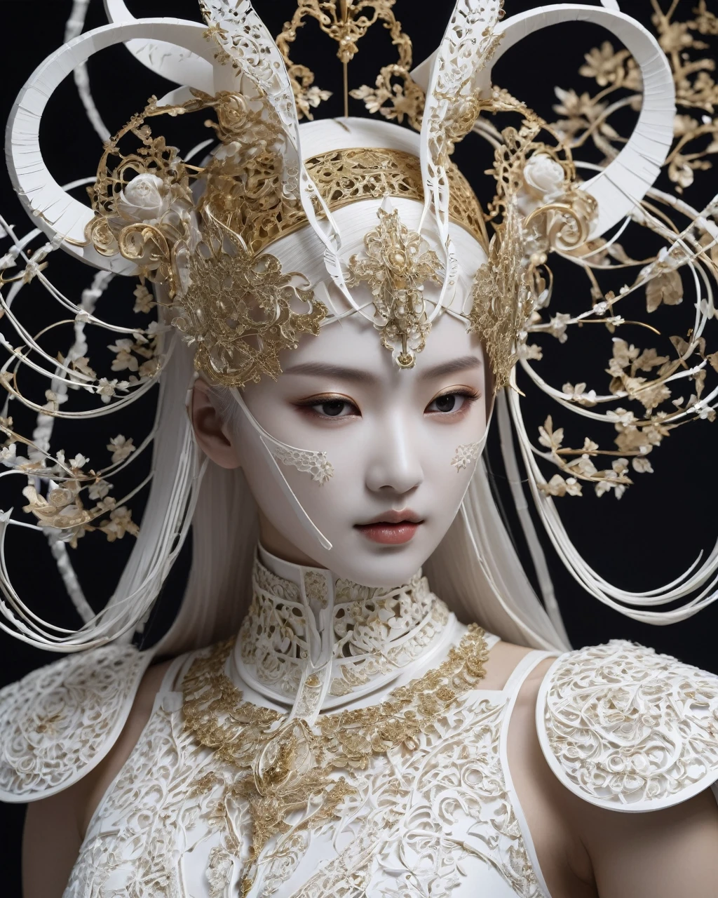 Close-up of a female sculpture, a surrealist sculpture, Inspired by Lee Joong Keun, Delicate white armor, Fractal automata, Perfect girl, Paper-cut art, She has a lot of wires attached to her, Persephone sculpture, Akihiko Yoshida, Petros Afshar speed art, Best behance, egyptian samurai, Portrait of a hollow knight, He wore a dark mask., Heavy white and gold armor, Divine Reward