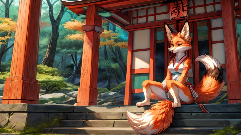 japanese kitsune, aqua colored fur, fox face elongated snout add_detail, beautiful tails, stylized japanese style, japanese cunning fox, fox goddess message, Fushimi inari shrine