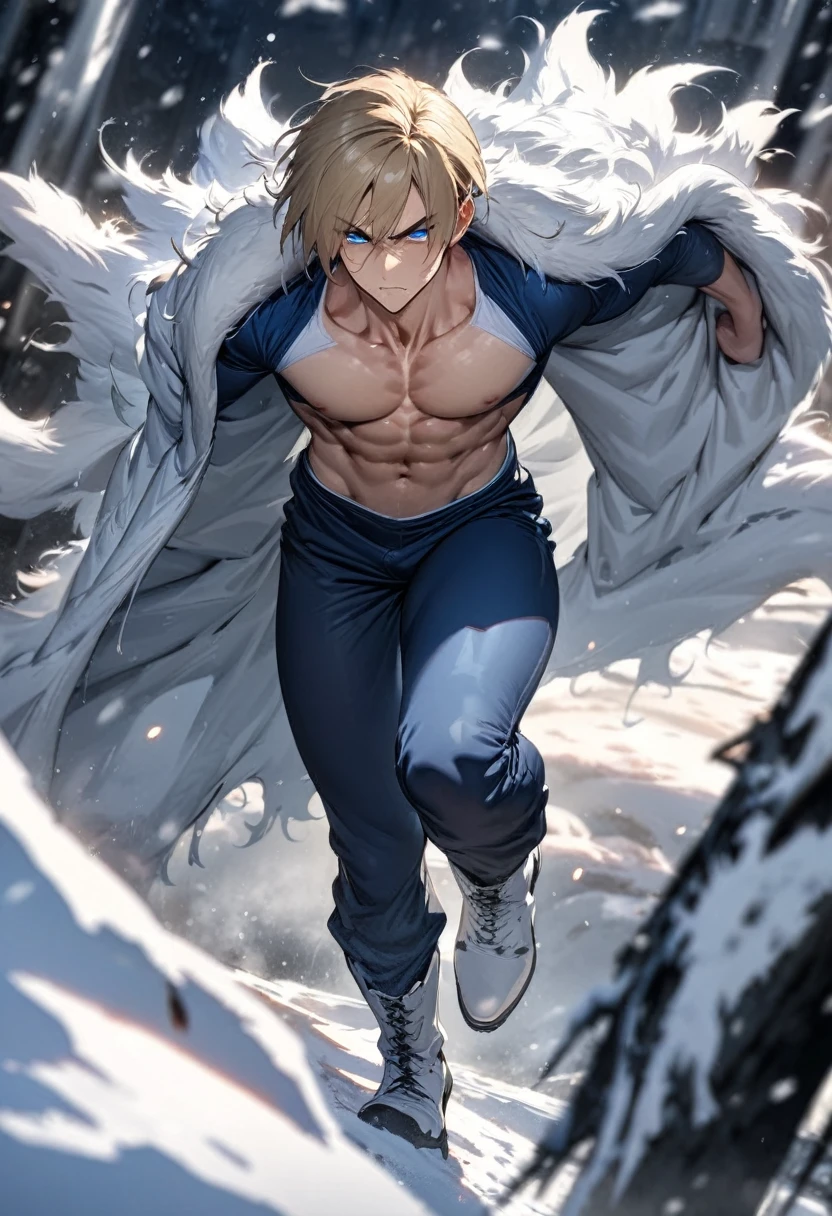 absurdities, High resolution, ultra detailed, HdR, masterpiece, Extremely detailed face and eyes, Leon Kennedy, medium blonde hair, disheveled, bushy eyebrows, serious, expressive blue eyes, 1 man, elegant, white fur coat, Fitted blue training shirt, dark blue pants, white leather boots, toned chest, snowy background. full body plan