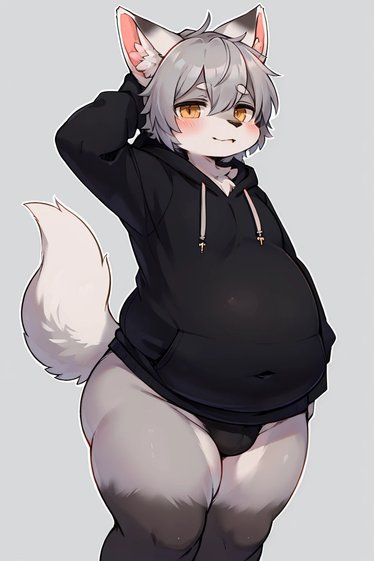 furry beast, White fur, gray hair, Hoodies, White Fox Shota,Black at the end of the ears,Black at the end of the tail,Fat thighs,Fat calves,Flat belly, best quality