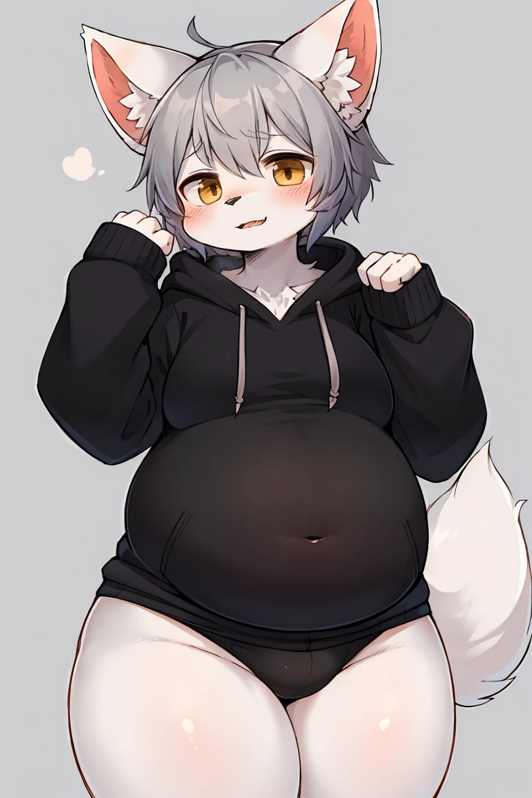 furry beast, White fur, gray hair, Hoodies, White Fox Shota,Black at the end of the ears,Black at the end of the tail,Fat thighs,Fat calves,Flat belly, best quality