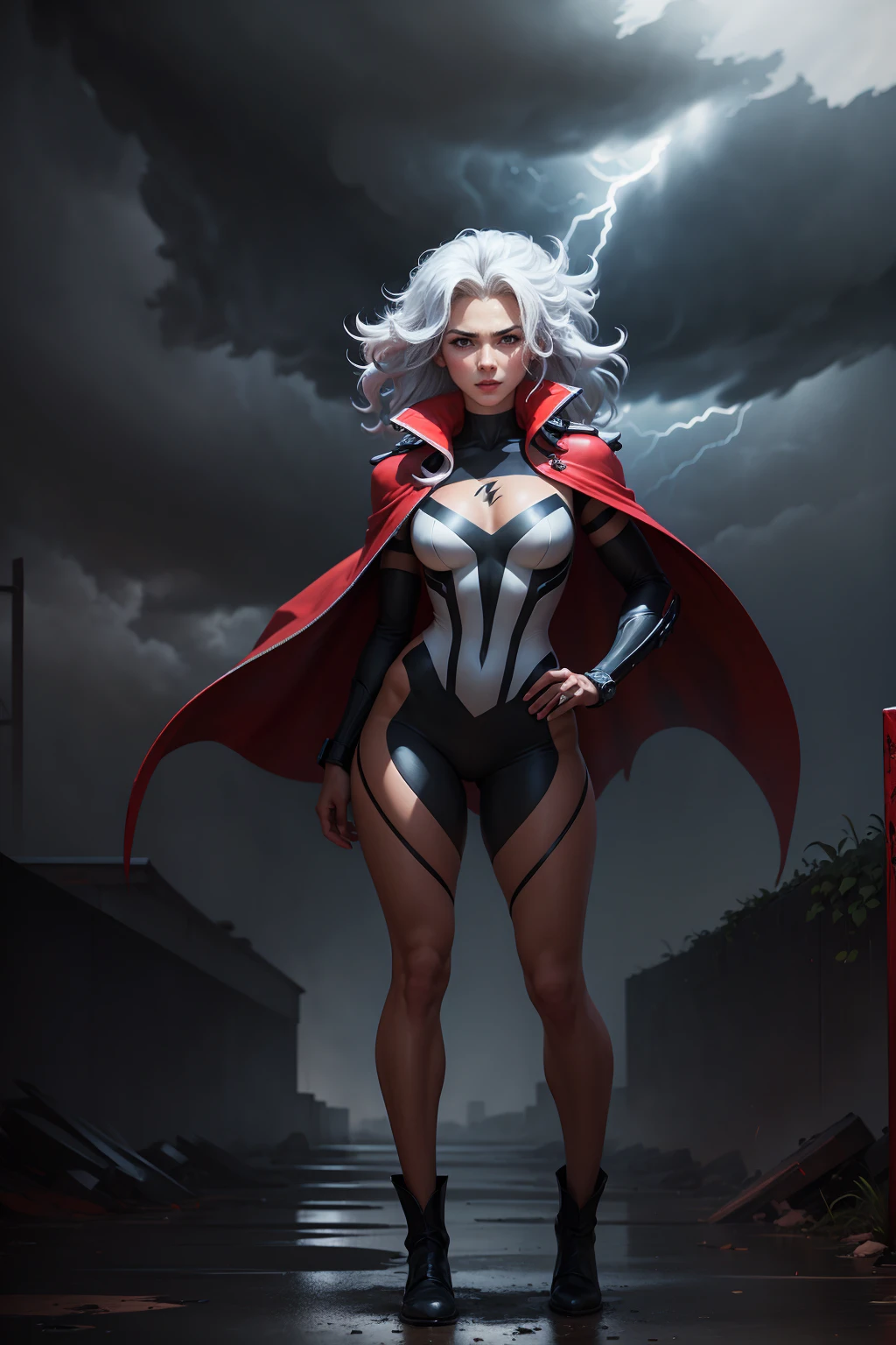 ((Full body photo, standing, feet on the floor))  best quality,highres,ultra-detailed,realistic:1.37,professional, black skin, dynamic,action shot,storm character art,storm from the X-Men,storm conjuring lightning,storm with flowing white hair,storm with intense gaze,storm in a powerful pose,strong facial features,storm's iconic cape,storm surrounded by storm clouds,storm with dramatic lighting,storm's eyes glowing white,storm's lightning powers crackling,storm with an intense expression,storm with a determined look,storm wearing her classic costume,storm floating in the air,storm with winds swirling around her,storm creating a thunderstorm,storm casting lightning bolts,storm's cape billowing in the wind,storm with a fierce and confident posture,vivid colors,bokeh,portrait