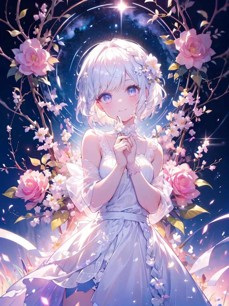 Ultra Quality figure, Ultra detailed, absurd beaut, beautiful girl, short white hair, braided short hair, her eyes is shining , charming smile, flower garden scenary, absolute beauty, flower on her hand , under starry sky