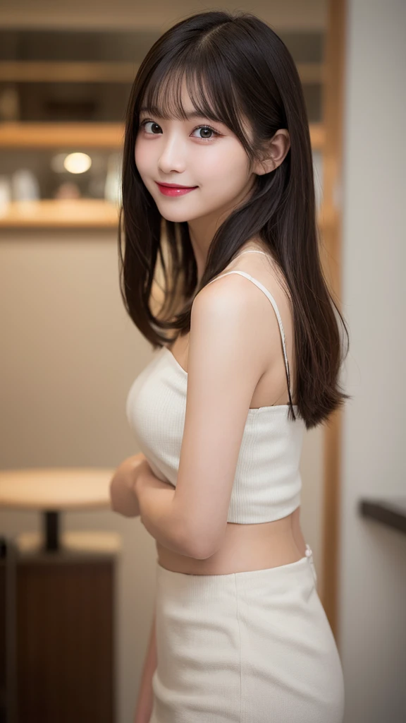 Tabletop, Highest quality, shape, Very detailed, finely, High resolution, 8k wallpaper, 完璧なダイナミックな構shape, Beautiful and exquisite,ランダムなcute髪,,Natural color lip, Bold sexy pose,smile、20-year-old girl、cute、Looking into the camera,Always blur the background,Perfect and beautiful face,Slim face and figure,Big eyes、Putting on gal makeup,Small face,Shooting from below、Blurred Background,Elegant feminine face、smile、Actual Photos、Loritach、Actual photo、RAW Photos、Real human skin,finely描かれた肌:1,4