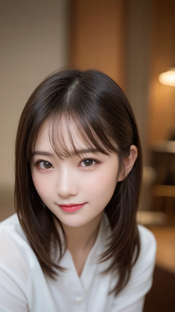 Tabletop, Highest quality, shape, Very detailed, finely, High resolution, 8k wallpaper, 完璧なダイナミックな構shape, Beautiful and exquisite,ランダムなcute髪,,Natural color lip, Bold sexy pose,smile、20-year-old girl、cute、Looking into the camera,Always blur the background,Perfect and beautiful face,Slim face and figure,Big eyes、Putting on gal makeup,Small face,Shooting from below、Blurred Background,Elegant feminine face、smile、Actual Photos、Loritach、Actual photo、RAW Photos、Real human skin,finely描かれた肌:1,4