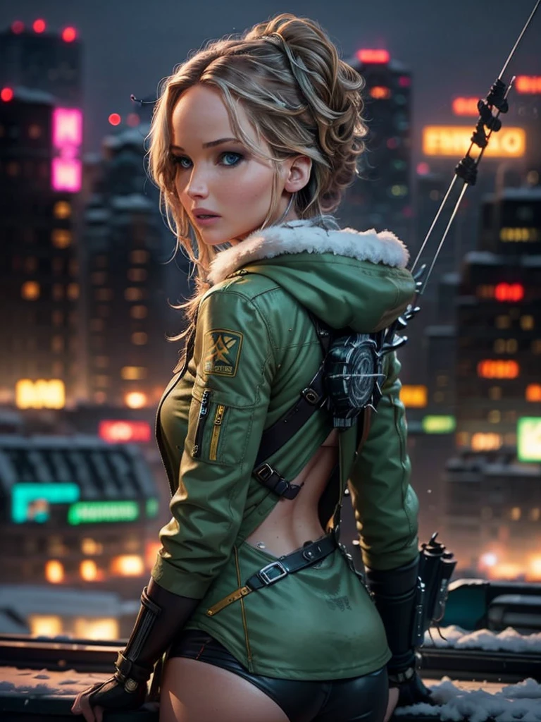 Photorealistic, high fidelity, RTX.  Jennifer Lawrence as a  girl from the Hunger Games, turned to the back, behind shot, she have metal crossbow and arrows, exploring a snowy landscape in a cyberpunk city. Neon lights and holograms create a winter wonderland with a futuristic twist. Her stylish outfit and energetic pose showcase her adventurous spirit and love for cyberpunk winter adventures.