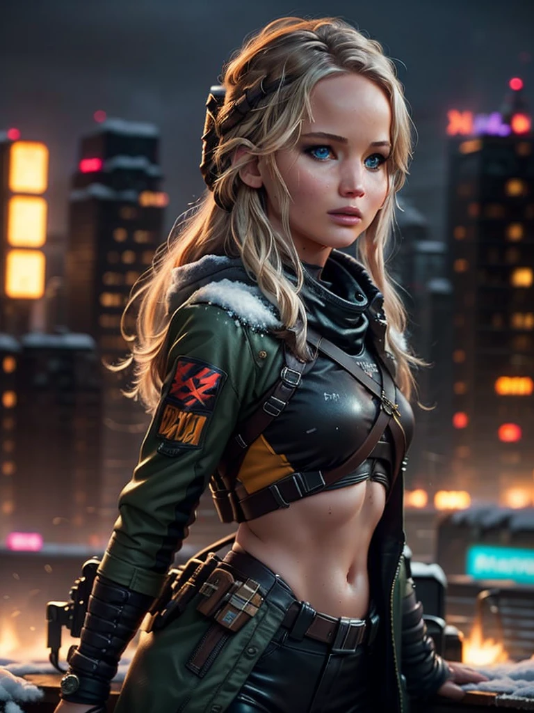 Photorealistic, high fidelity, RTX.  Jennifer Lawrence as a  girl from the Hunger Games, turned to the back, behind shot, she have metal crossbow and arrows, exploring a snowy landscape in a cyberpunk city. Neon lights and holograms create a winter wonderland with a futuristic twist. Her stylish outfit and energetic pose showcase her adventurous spirit and love for cyberpunk winter adventures.