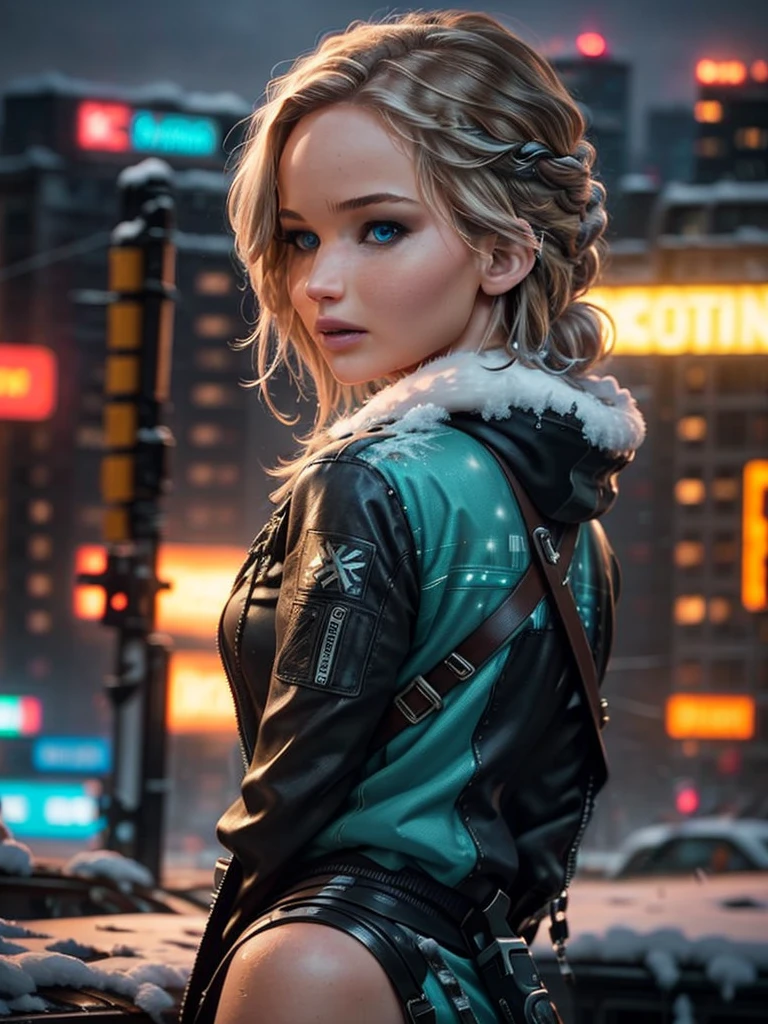 Photorealistic, high fidelity, RTX.  Jennifer Lawrence as a  girl from the Hunger Games, turned to the back, behind shot, she have metal crossbow and arrows, exploring a snowy landscape in a cyberpunk city. Neon lights and holograms create a winter wonderland with a futuristic twist. Her stylish outfit and energetic pose showcase her adventurous spirit and love for cyberpunk winter adventures.