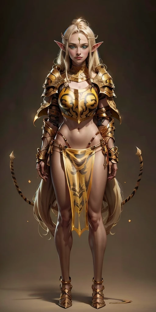 tsundere elf full body toe to head, yellow bikini armor, long hair, blonde hair (green eyes:1.1) pointy ears, elf, multicolored hair, forehead jewel, yellow tiger bikini, standing symmetrical, plain background