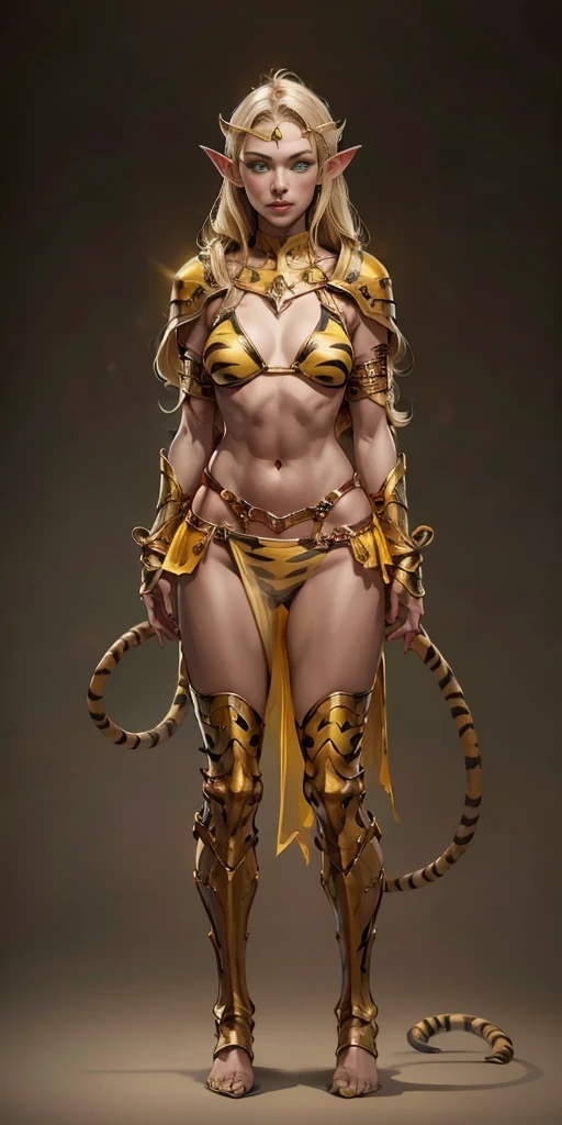 tsundere elf full body toe to head, long hair, blonde hair (green eyes:1.1) pointy ears, elf, multicolored hair, forehead jewel, yellow tiger bikini, standing symmetrical, plain background
