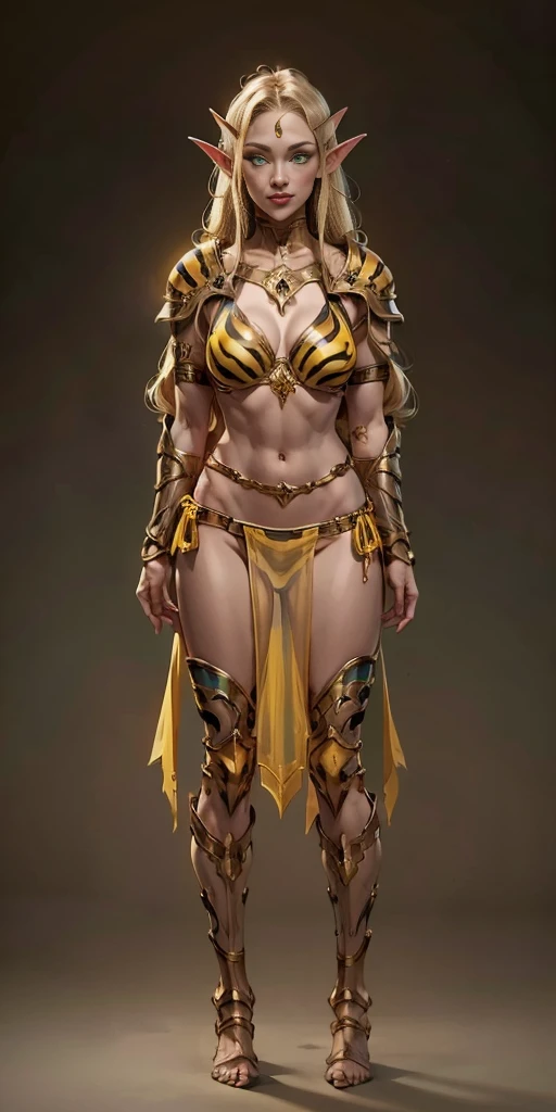 tsundere elf full body toe to head, yellow bikini armor, long hair, blonde hair (green eyes:1.1) pointy ears, elf, multicolored hair, forehead jewel, yellow tiger bikini, standing symmetrical, plain background