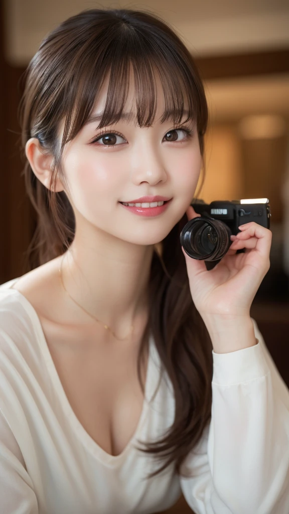 A girl holding a camera, mix4,(8k, RAW photo, best quality, masterpiece:1.2), (realistic, photo-realistic:1.37),1girl,cute,cityscape, night, rain, wet, professional lighting, photon mapping, radiosity, Physically-based rendering, gradient brunette hair, short curly hair, handsome, girly, white ball set, superb picture quality, high resolution, 1080p, (clear face), (detailed face description), (detailed hand description), (masterpiece), (exquisite CG), extreme light and shadow, messy hair, masterpiece, rich detail, (exquisite facial features), (highest image quality), (masterpiece), (detailed eyes), look forward to your eyes, delicate collarbone