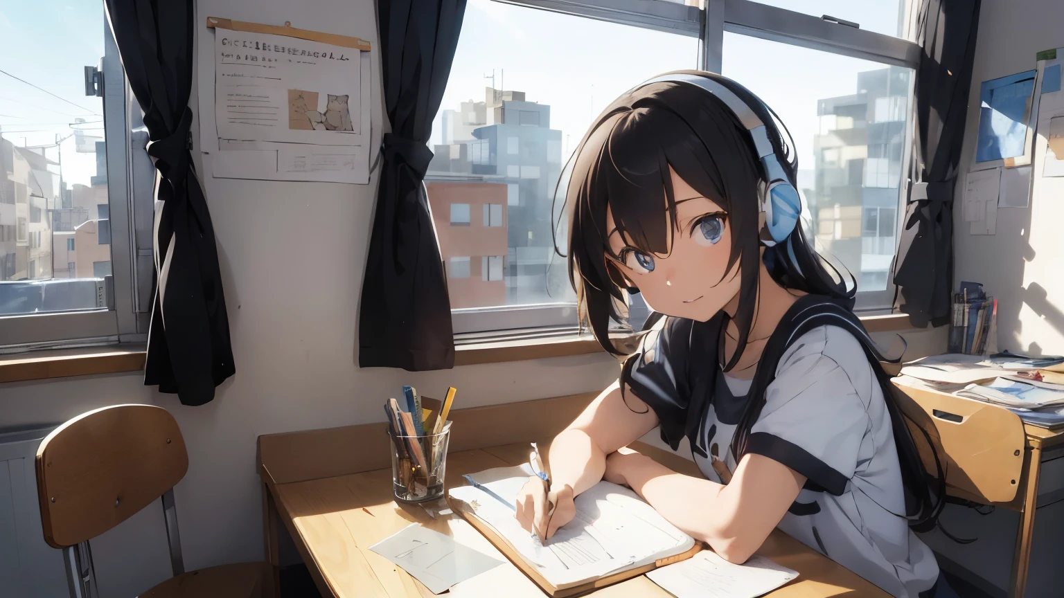 cartoon, high qualiy, a girl studying looking at her notebook in her room, com posters na parede, wearing headphones and a window with a view of buildings in the background, with a cute kitten sleeping on the table