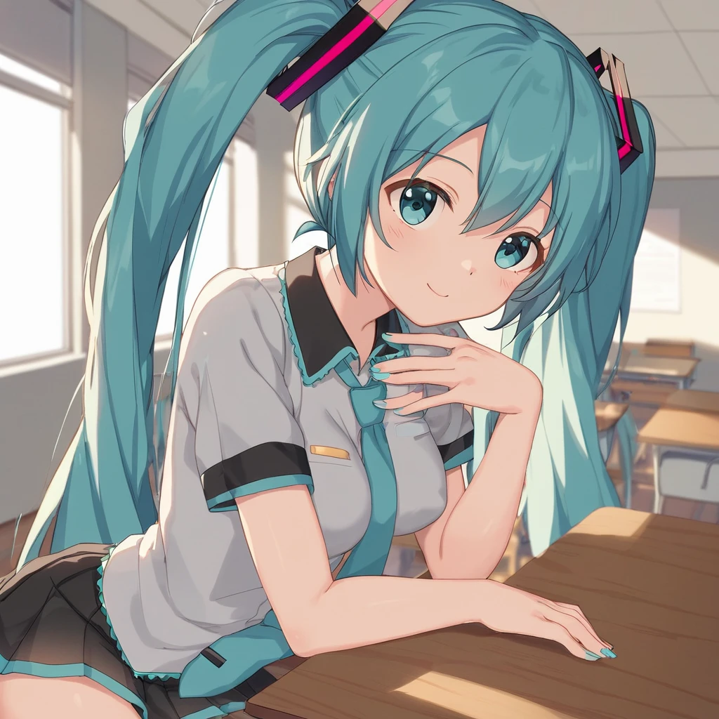 Evening Classroom、Sitting at a desk、Short sleeve shirt for 、Facing forward and looking up、Her shirt is open and her breasts are visible、、Hands on chest、Hatsune Miku