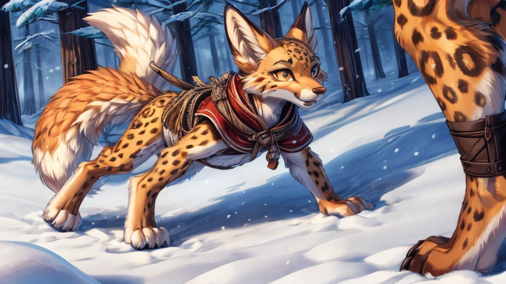 The best quality, Ocelot adolescent, fox face elongated snout add-detail, Surprise face, sweaty body, heated add_detail,, kitsune warrior in the snow add_detail:1, Whole body, barefoot add_detail:1