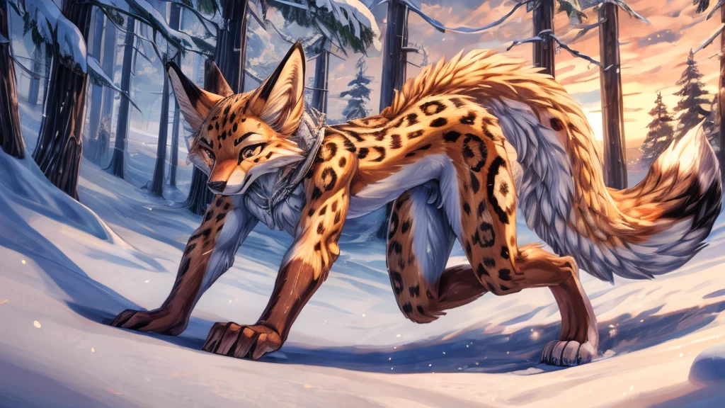 The best quality, Ocelot adolescent, fox face elongated snout add-detail, Surprise face, sweaty body, heated add_detail,, kitsune warrior in the snow add_detail:1, Whole body, barefoot add_detail:1