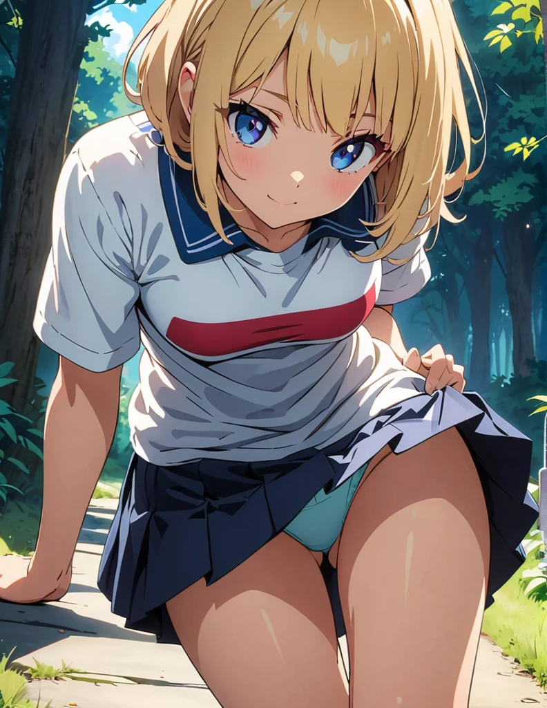 (anime artwork, anime style, studio anime, very detailed, up to date, vibrant, Anime Coloring, high contrast, masterpiece:1.2, best quality, best aesthetics),2 girl,hug from behind,army suit, pleated skirt, Medium chest, A glimpse of thighs,random hair, One eye is hidden by the bangs, perfect proportions, high detail skin, Cute, detailed faces,forest, precise fingers,panty shot ,roll over,supine pose