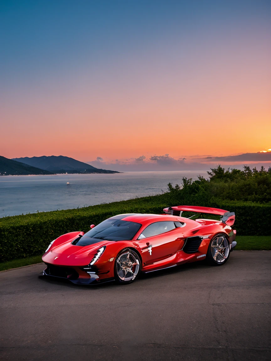 Photo of a bright red super race car, Detailed description, realistic and three-dimensional, super high quality, Ultra - High resolution, bright red sunset, A town with a view of the sea in the distance, very beautiful scenery, Shooting from the side, very beautiful sky, ((The main character is the scenery))