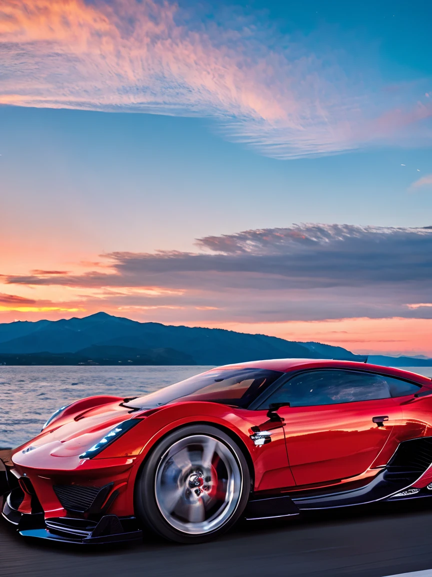 Photo of a bright red super race car, Detailed description, realistic and three-dimensional, super high quality, Ultra - High resolution, bright red sunset, A town with a view of the sea in the distance, very beautiful scenery, Shooting from the side, very beautiful sky, ((The main character is the scenery))