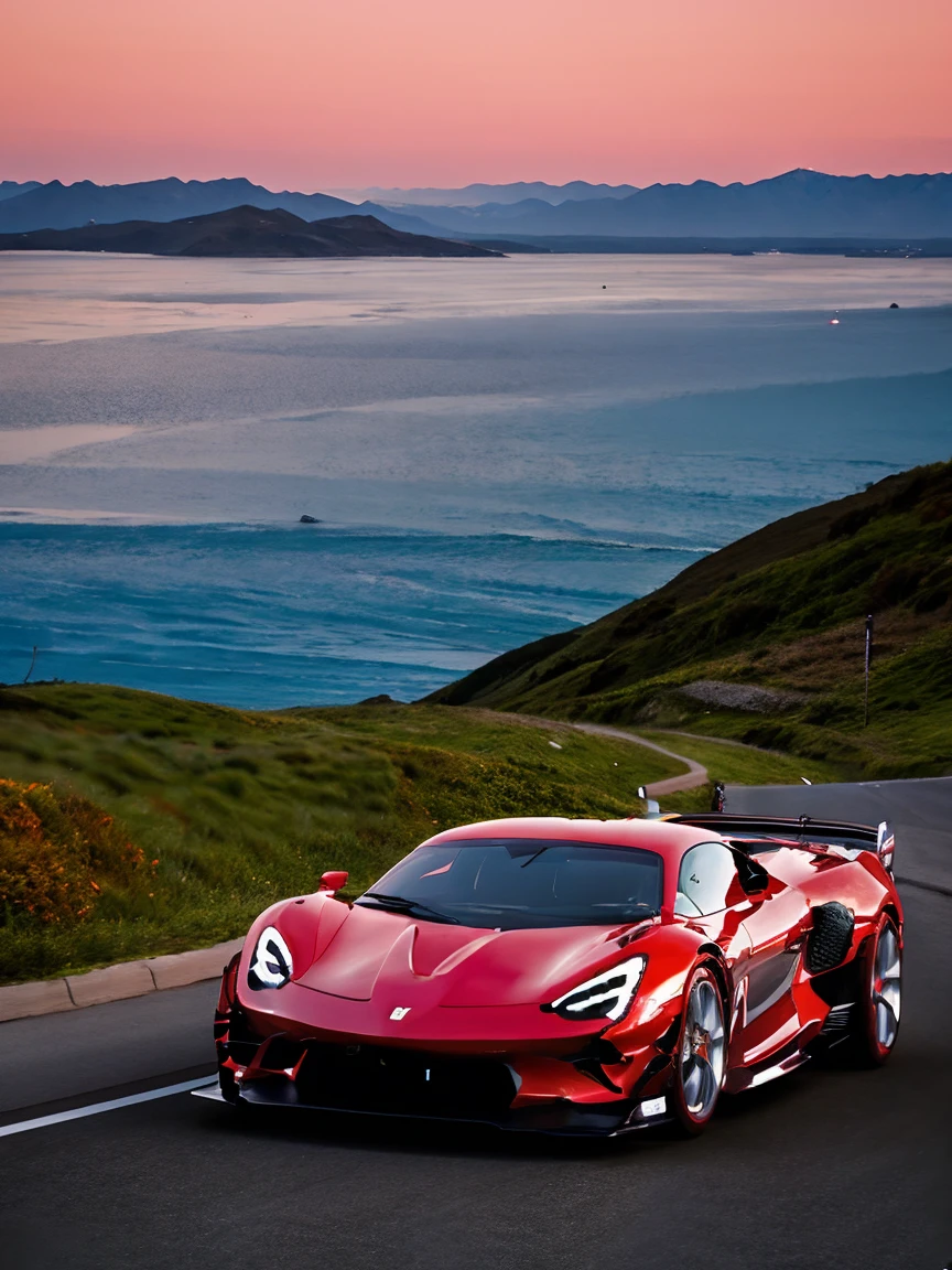 Photo of a bright red super race car, Detailed description, realistic and three-dimensional, super high quality, Ultra - High resolution, bright red sunset, A town with a view of the sea in the distance, very beautiful scenery, Shooting from the side, very beautiful sky, ((The main character is the scenery))