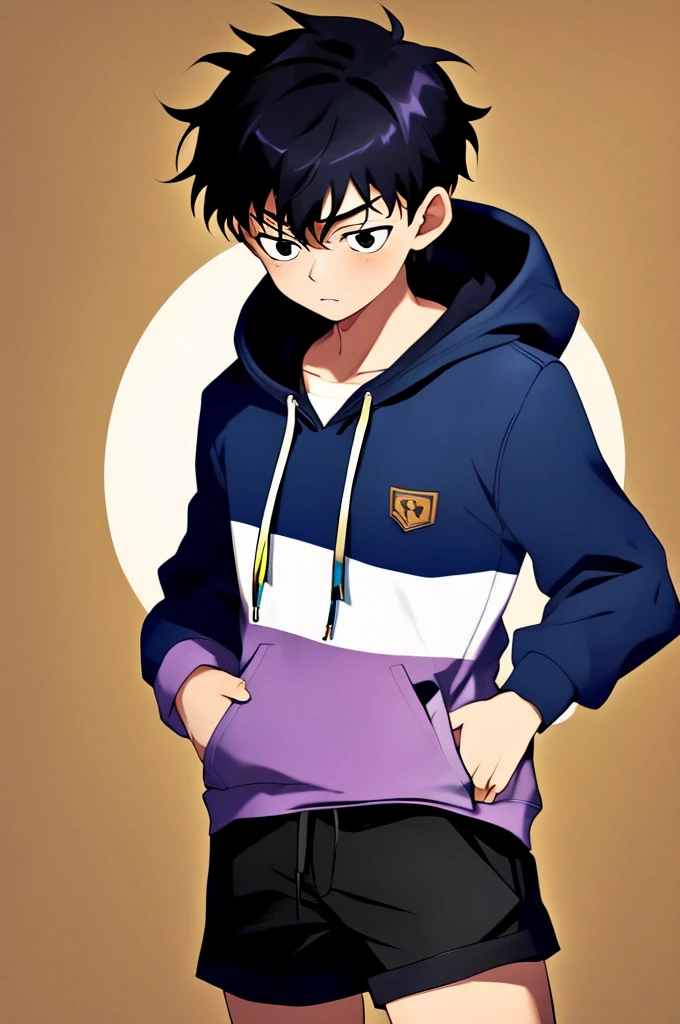 Anime art style image of a bored 12 year old boy, scratches and bruises, vivid and realistic, inspired by Detective Conan, fully body, cold dark blue hoodie, dark gray short shorts, underwear showing( black), clothes with cuts, Anime Art
