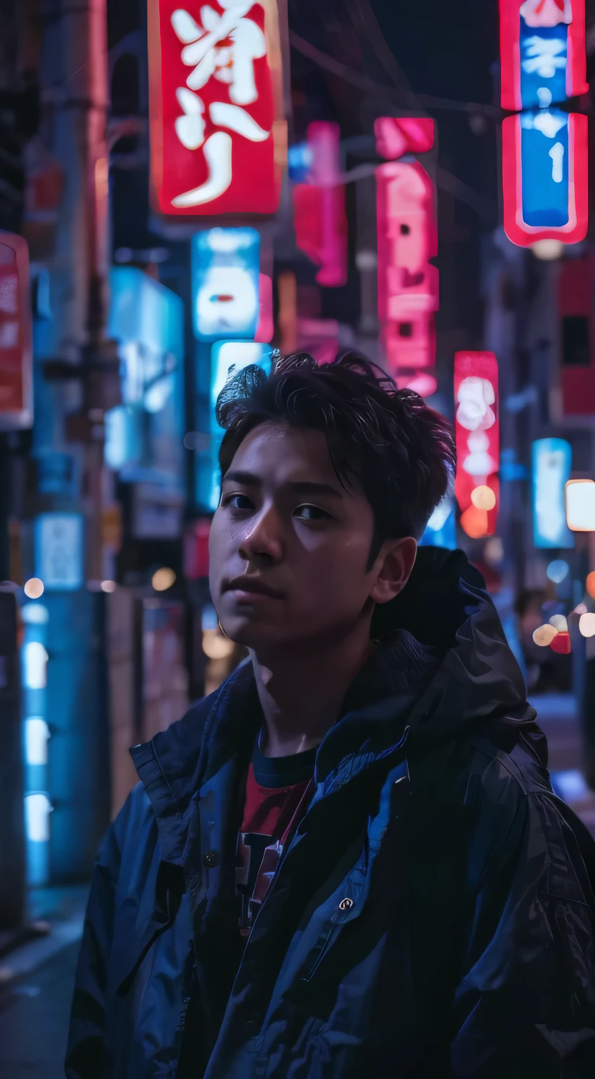 The boy wearing jacket on the street in japan