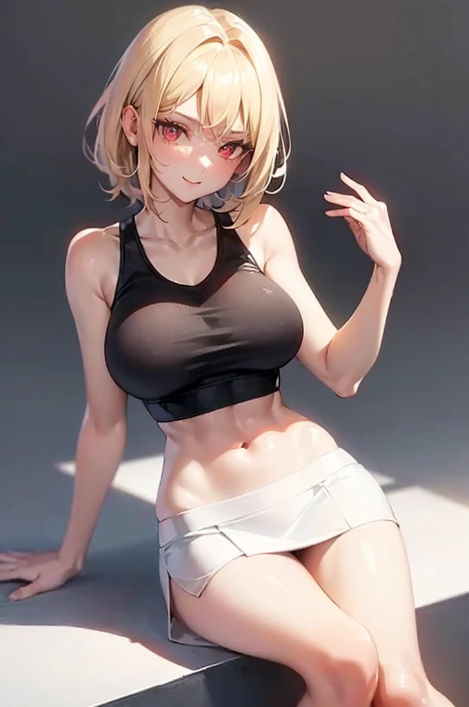 name zoe. 20 year old ager, beautiful angelic face. red eyes. White skin color. Height 1,70, detailed physique, large and firm breasts, Short blonde hair. CLOTHES, black tank top. white mini skirt, Body detail, straight and firm posture looking towards the camera sitting with a smile