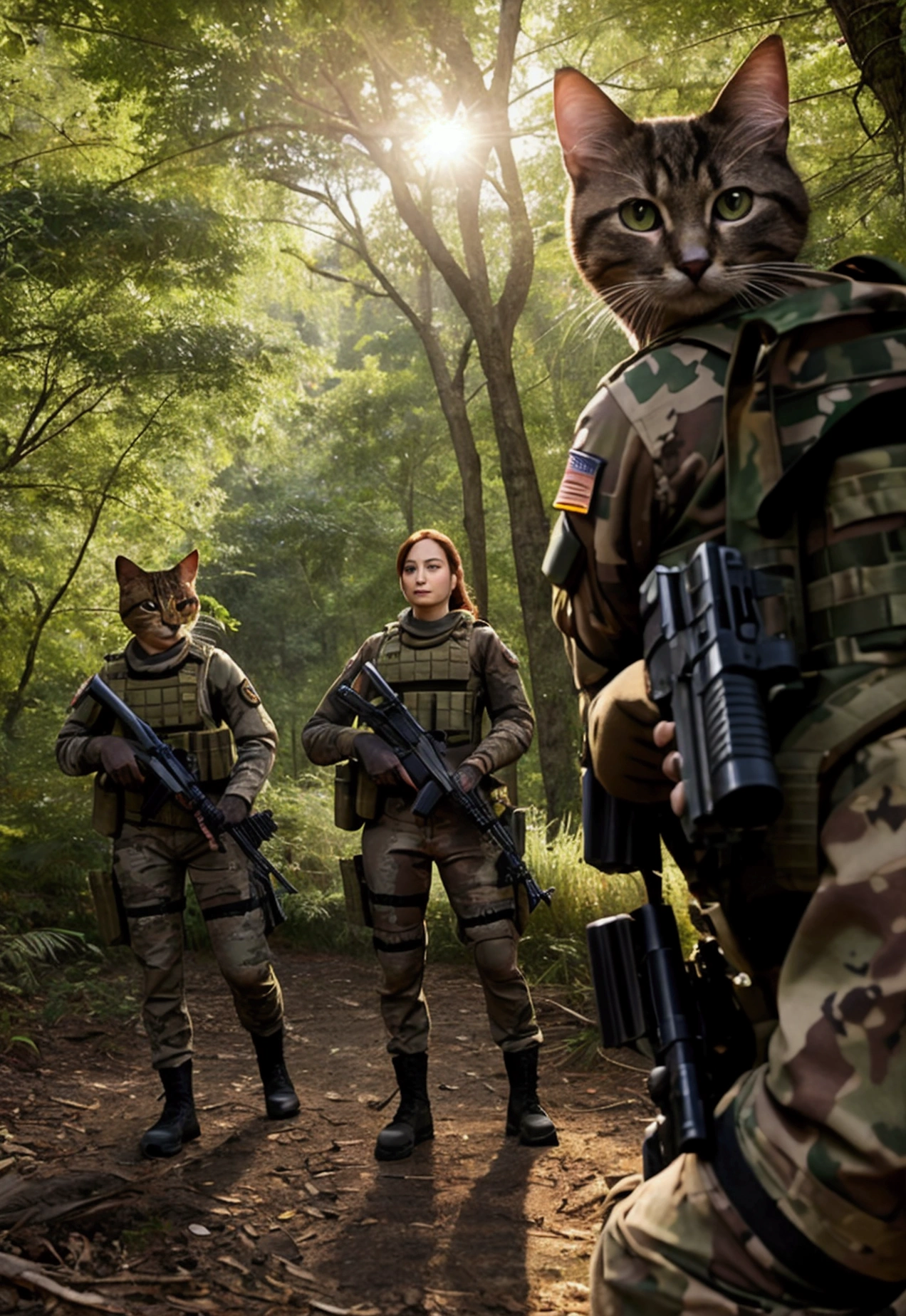 (best quality,4k,8k,highres,masterpiece:1.2),ultra-detailed,(realistic,photorealistic,photo-realistic:1.37),cats as soldiers in Vietnam on patrol,war photography,heavy jungle,stealthy movements,lethal sharp claws,keen senses,fierce expressions,military uniforms,combat helmets,camouflage paint,exhausted soldiers,dusty battlefield,gunpowder smoke,treacherous terrain,night operations,rain-filled skies,impenetrable darkness,flashlight beams,green foliage,waterlogged trenches,rugged backpacks,ammo belts,muddy paw prints,determined leader,strong bond between soldiers,veteran cat guiding the rookies,claws gripping rifles,alert eyes searching for enemies,communication signals,silent communication,stealthy maneuvers,undercover operations,navigation through dense jungles,paw marks blending with footprints,fierce loyalty,emotional resilience,exposed vulnerability,subtle movements through bamboo thickets,unwavering focus during ambushes,feline agility,quiet footsteps,warzone soundscapes,carefully placed booby traps,distant gunfire,sniper fire,evading enemy detection,improvised weaponry,cat-sized uniforms,earpiece radios,night vision goggles,unseen warriors,valor in the face of danger,untold stories of feline heroes,claw marks on bullet-scarred trees,innocence lost in the ravages of war,an unbreakable spirit amidst chaos,untamed jungle serving as a battleground, camouflaged warriors amidst the wilderness