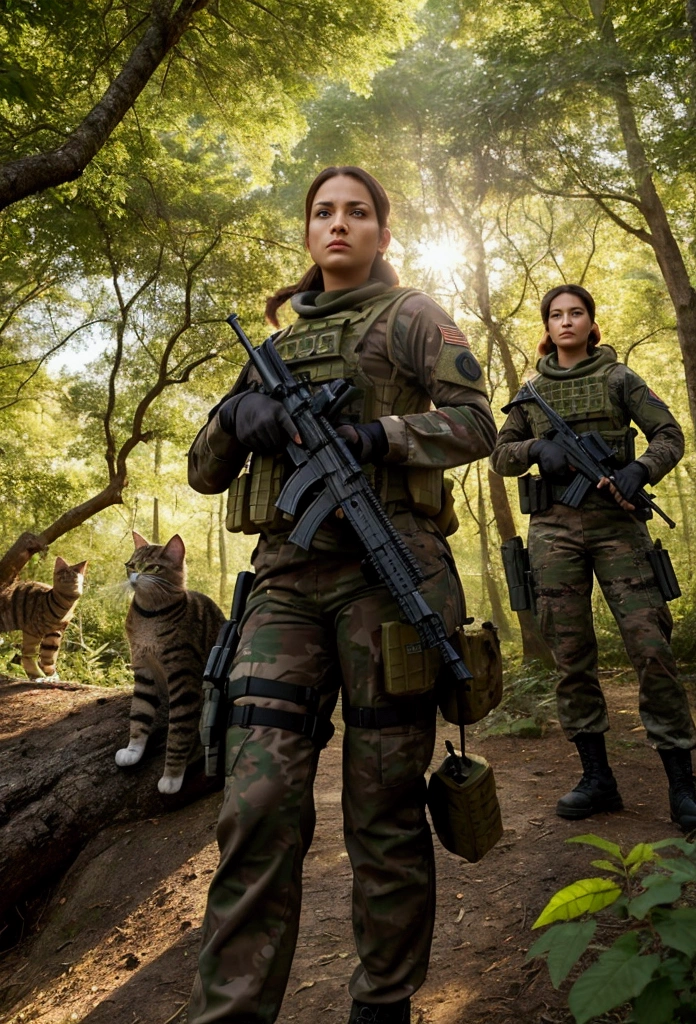 Illustrate an ultra-realistic and professional scene featuring a squad of elite special forces cats heavily armed and walking through a dense forest at sunset. Each cat is outfitted in detailed tactical gear, including body armor, weapons, and communication devices. The scene captures the golden hues of the setting sun filtering through the trees, casting a warm glow over the squad. The cats are moving in formation, displaying a sense of readiness and vigilance. The background should include realistic forest elements, such as trees, underbrush, and dappled light. The cats' expressions should reflect determination and focus, embodying the essence of elite special forces operatives on a mission. Key Elements to Include: Squad of cat special forces members in detailed tactical gear. Each cat heavily armed with realistic weaponry. Dense forest setting with the warm glow of sunset filtering through the trees. Cats moving in formation, displaying readiness and vigilance. Realistic forest elements, including trees, underbrush, and dappled light. Cats' expressions reflecting determination and focus. Style: Ultra-realistic with meticulous attention to detail, capturing the intensity and beauty of the scene.