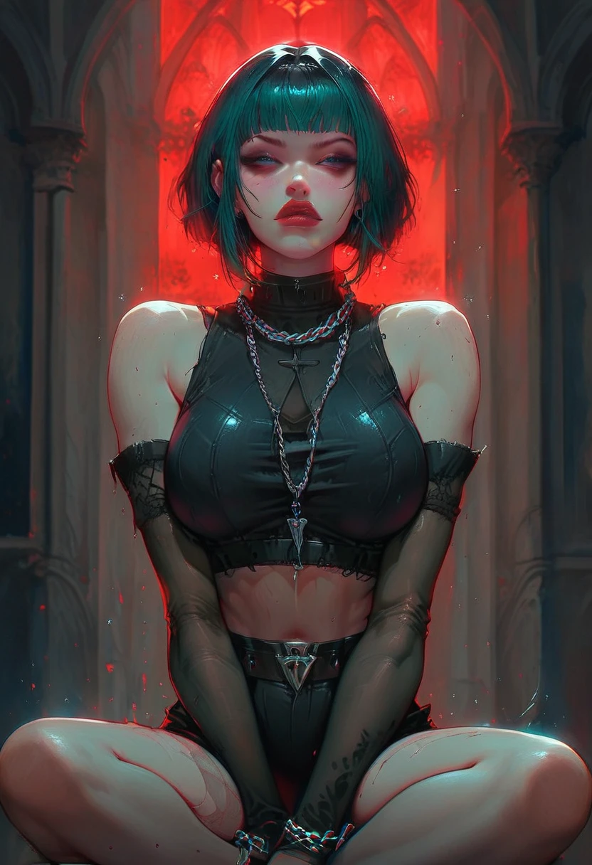 score_9, score_8_up, 1woman, athletic body, hourglass body, Detailed eyes, Seductive face, ela, ela \(Rainbow Six Siege\), sitting, dominant, sunny, dessert, western, clothed, holding chain attached to collar,