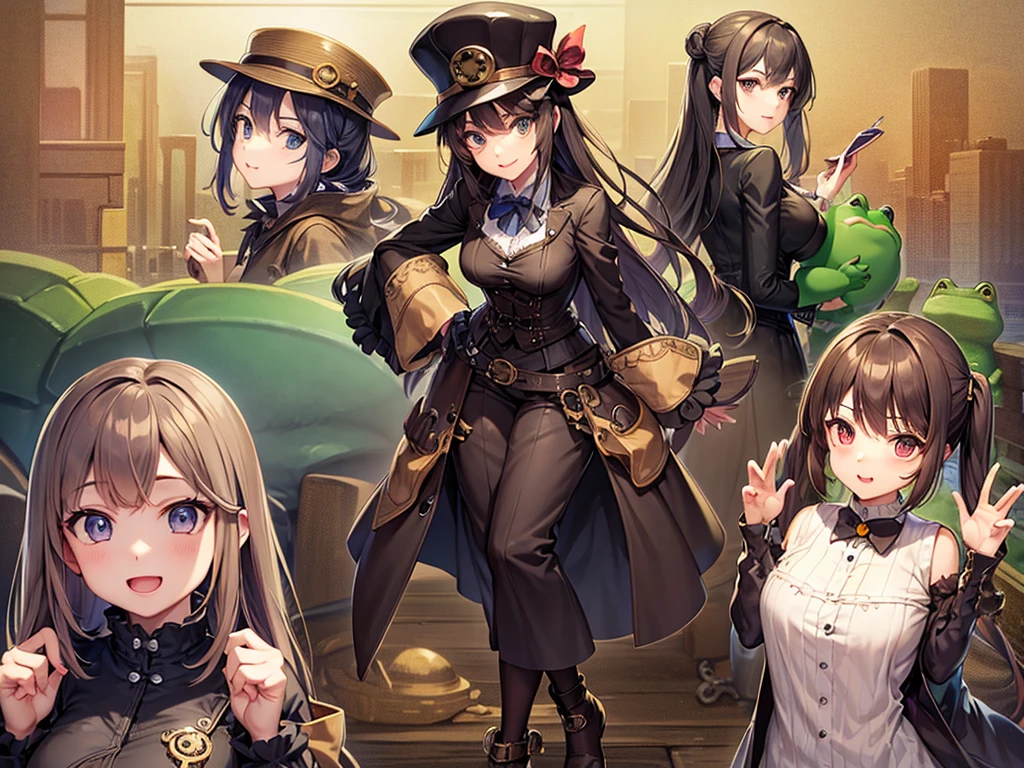 Frog-like face、Distant eyes、Big Mouth、Low Nose、steampunk、Three-dimensional view、Front, side and back view、Standing woman、Shorts、Small breasts、Bangs parted in the middle