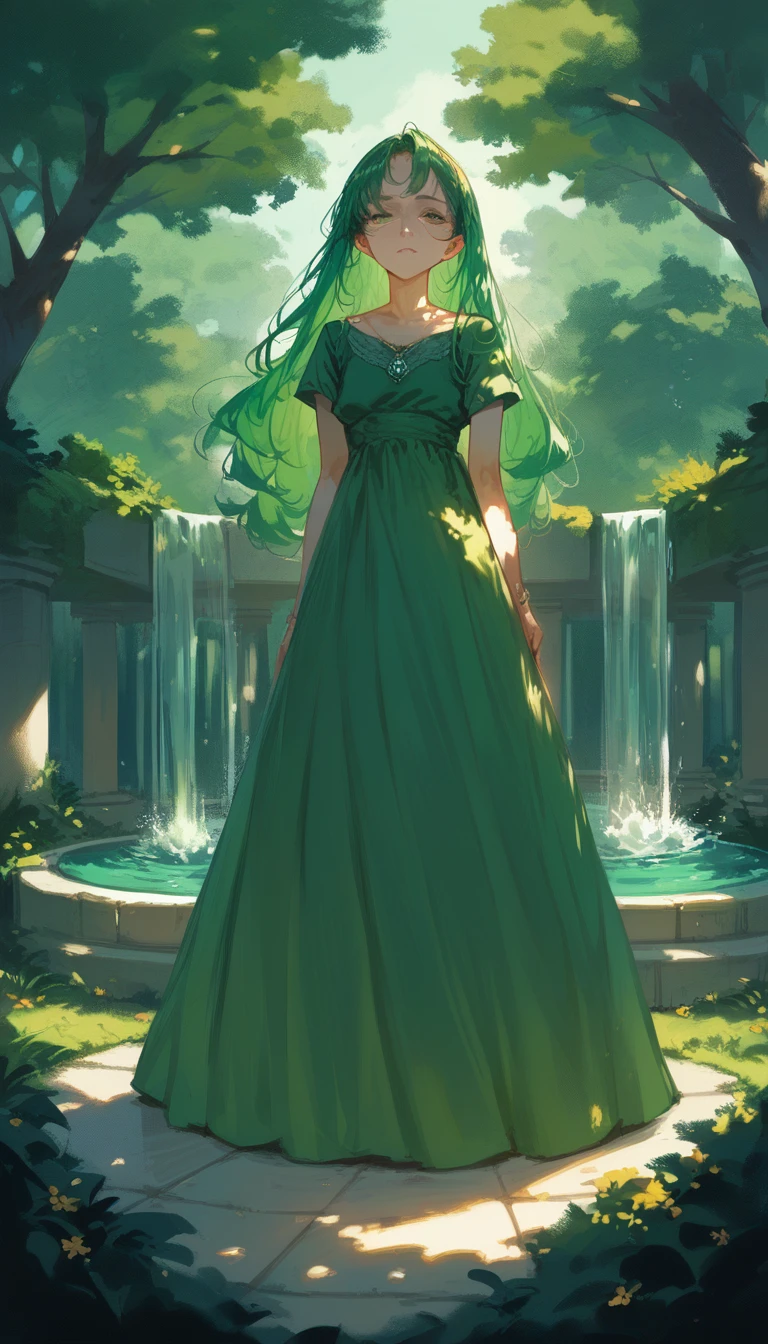 The goddess of the spring, emerald green hair, long hair that reaches down to her waist, Scene of rising from the fountain, Sunlight filtering through the trees in the forest, dress