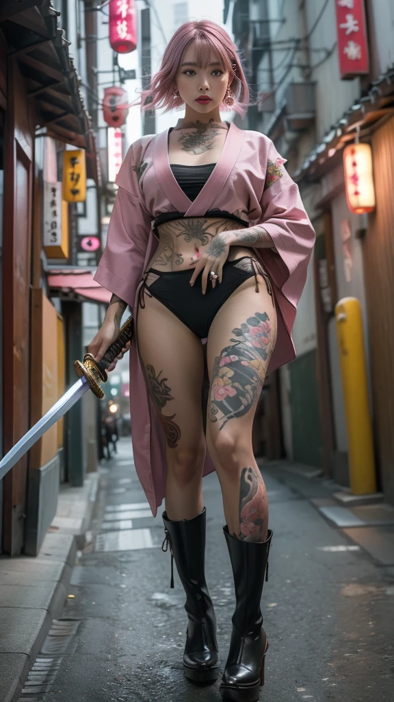 Beautiful Chinese woman, (16 years old), cute face, red lips, white moist skin, moles, under-eye bags,
BREAK,
Feminine body with high athletic ability, Body of a female fitness model, Feminine body with hard tones, (Muscles: 1.2), (Beautiful belly button),
BREAK,
Martial artist, Kung Fu fighter, Idol,
BREAK,
(Wearing cute kimono: 1.3), (Kimono with high exposure), (Super long boots 1.3), Necklace, Very large earrings, Short length,
BREAK,
Short hair, (Short bob hair), (Bangs: 1.2), (Pink hair: 1.3), (Wavy hair),
BREAK,
(Very large Japanese sword: 1.4), (Holding the handle of a Japanese sword in hand: 1.3), (Raising a very large Japanese sword: 1.2), (Getting into a fighting stance),
BREAK,
(Japanese tattoo: 1.4),
BREAK,
Masterpiece, Perfect lighting, Ultra high resolution, 8K, (highly detailed:1.4), (front view), looking at camera, melancholy expression,
BREAK,
(Tokyo city, lots of people in background:1.2), Shibuya city background in Tokyo, Japan,