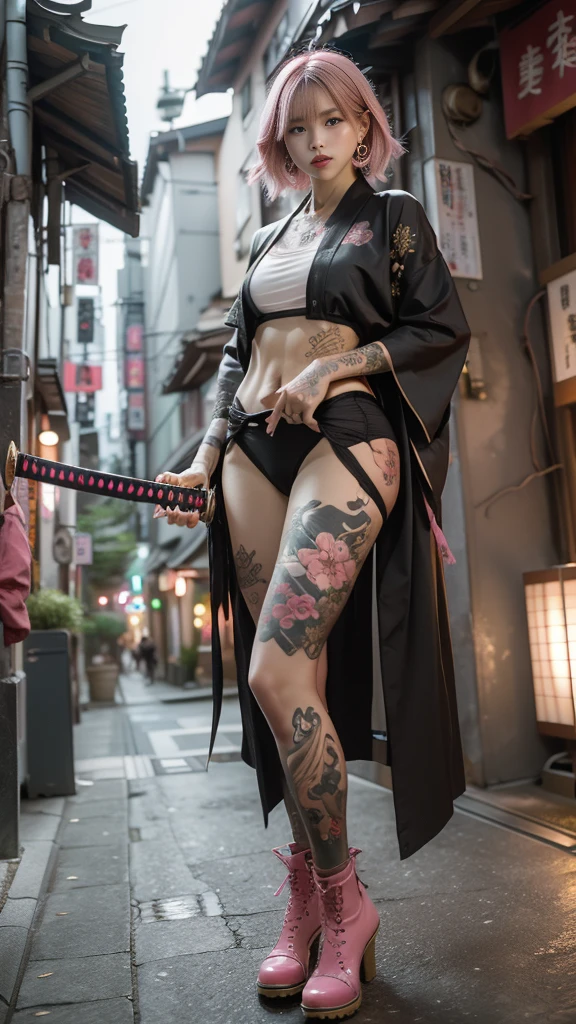 Beautiful Chinese woman, (16 years old), cute face, red lips, white moist skin, moles, under-eye bags,
BREAK,
Feminine body with high athletic ability, Body of a female fitness model, Feminine body with hard tones, (Muscles: 1.2), (Beautiful belly button),
BREAK,
Martial artist, Kung Fu fighter, Idol,
BREAK,
(Wearing cute kimono: 1.3), (Kimono with high exposure), (Super long boots 1.3), Necklace, Very large earrings, Short length,
BREAK,
Short hair, (Short bob hair), (Bangs: 1.2), (Pink hair: 1.3), (Wavy hair),
BREAK,
(Very large Japanese sword: 1.4), (Holding the handle of a Japanese sword in hand: 1.3), (Raising a very large Japanese sword: 1.2), (Getting into a fighting stance),
BREAK,
(Japanese tattoo: 1.4),
BREAK,
Masterpiece, Perfect lighting, Ultra high resolution, 8K, (highly detailed:1.4), (front view), looking at camera, melancholy expression,
BREAK,
(Tokyo city, lots of people in background:1.2), Shibuya city background in Tokyo, Japan,