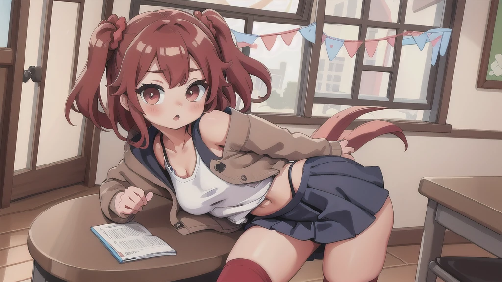 score_9, score_8_up, score_7_up, source_anime,
izuminogami, izumi nogami, red hair, one side up, medium hair, scrunchie, red eyes,
skirt, , pleated skirt, shoes, socks, cardigan, brown cardigan,
indoors, classroom, bent over,
looking at viewer, dutch angle, cowboy shot,