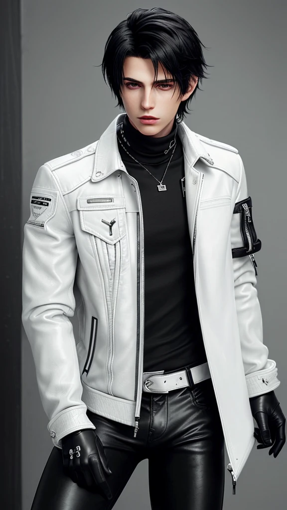 Final fantasy taste and reality graphics, Japanese young cute and cool ikemen  boy, his age is early 20s, thin eyebrows and beady eyes,  ((he wearing off white color leather  thick material jacket)), ((jacket is singlebrest)), biker style jacket, with epaulet, jacket is long sleeve, ((must close the front of the leather jacket)), , ((voluminous leather jacket)), ,((must jacket is high length and stand-up collar)) ((jacket collar with two belts)), ((jacket is a little black color line pattern)),((close the front of the jacket)), ((also wearing black thick material turtleneck lackluster shirts)),  ((tight black leather pants)),  ((must black leather tight and thin glove)), ((black leather knee-high raceup boots)),((must views  head-to-toe)),((must views whole body)), ,((Do not show skin from the neck down)),leather jacket leather glove and leather pants have few wrinkles,boy in the prison room, Avoid showing your innerwear,zip up jacket fastner.
Boy touching owns private parts with right hand.
Bous face is expression of ecstasy.
Boy is black hair.boy looks like fashion model.