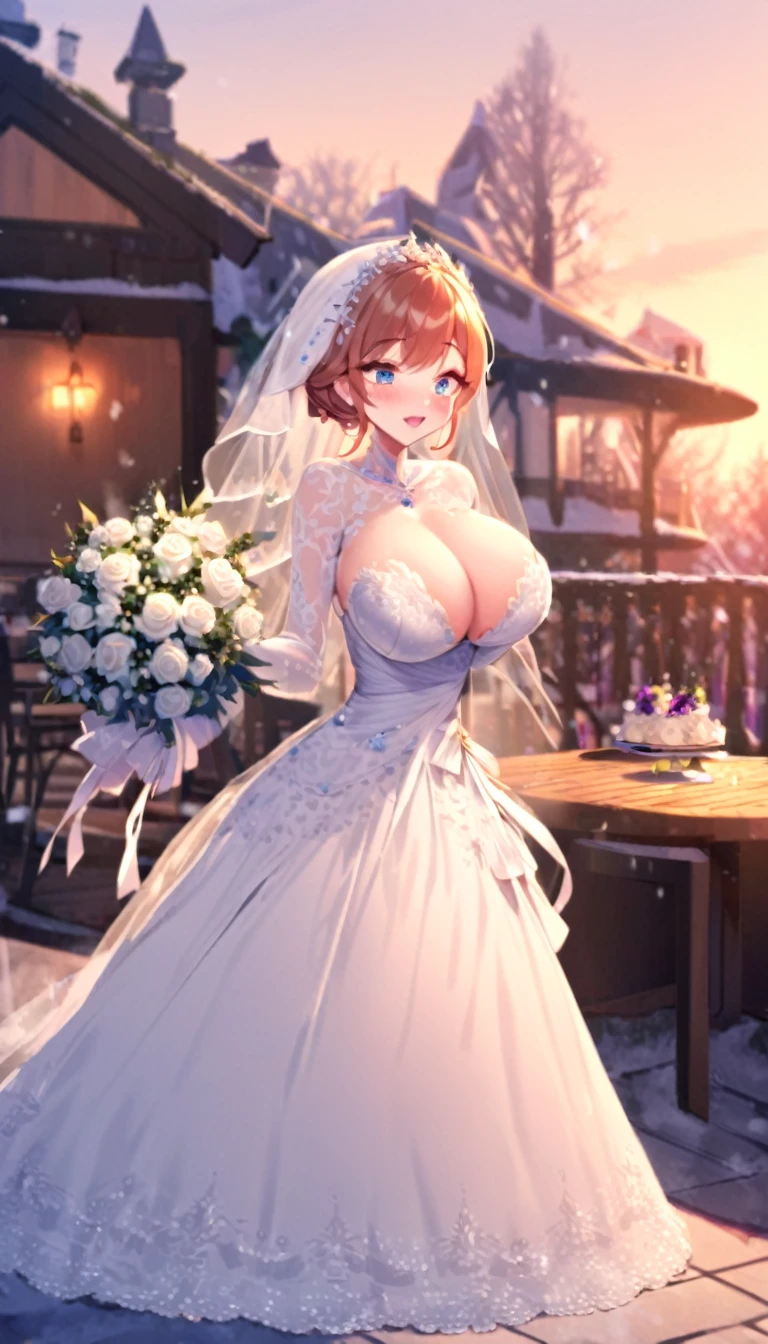 Anna from Frozen in a wedding dress with huge lace showing her huge breasts with a veil and bouquet on a patio in winter 