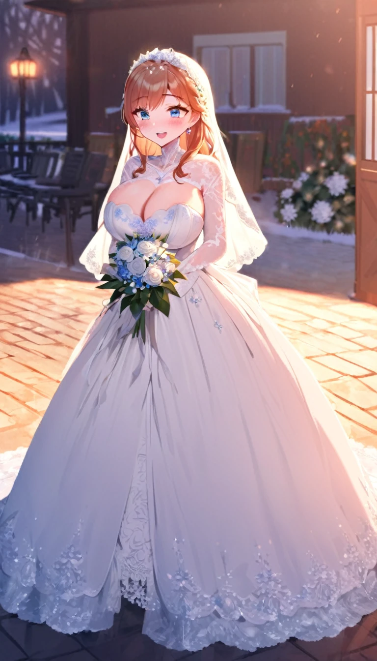 Anna from Frozen in a wedding dress with huge lace showing her huge breasts with a veil and bouquet on a patio in winter 