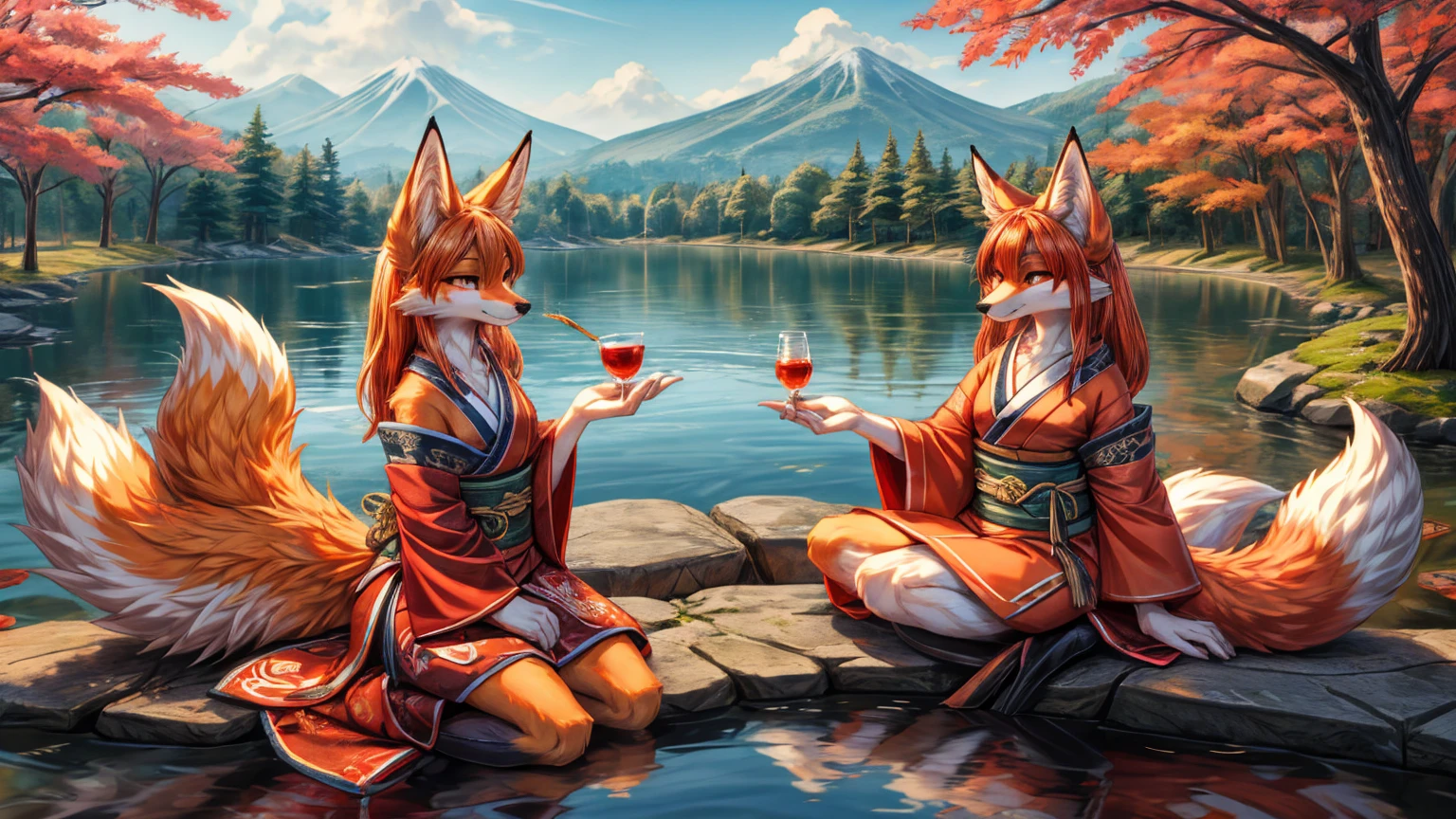 japanese kitsune fox face elongated snout add_detail, beautiful tails, stylized japanese style, japanese cunning fox, fox goddess message, Fushimi inari shrine, toasting a lake