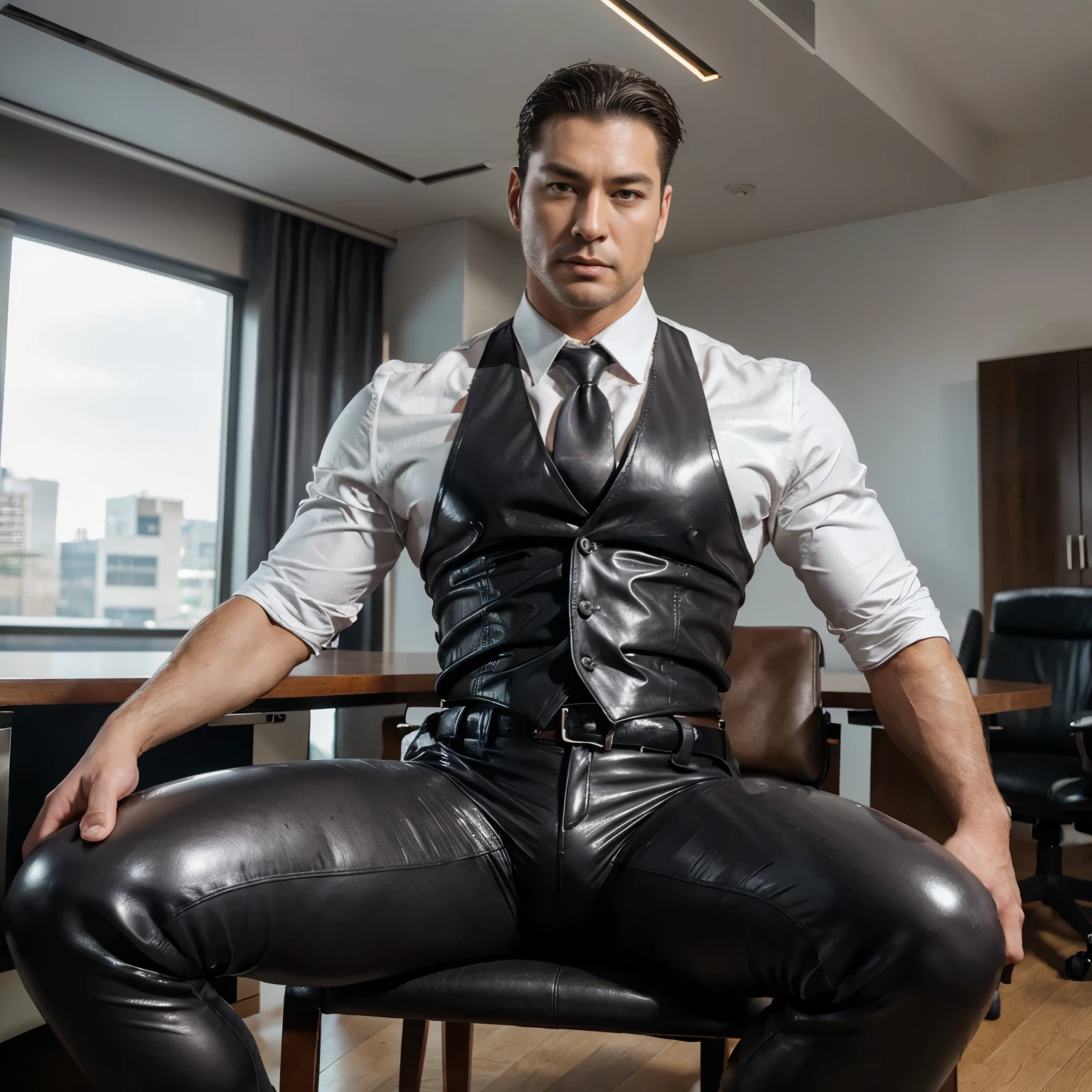 30 years old, The young daddy, very handsome, wear "shiny, tight-fitting body suit", wear white shirt, very glossy pants, necktie, waistcoat, shiny satin trousers, wear leather belts, dark gray satin fabric ,Dad sit back against the chair and spread your legs, k hd,in the office,"big muscle", "Dad is so big" , masculine hairstyle, asia face, masculine, strong man, the boss is, handsome, leather gloves, lecherous dad, look straight ahead,dad is handsome,dad is handsome, dad is "big horny daddy"