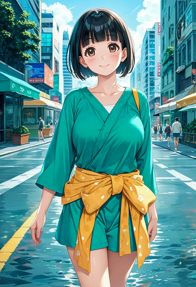 score_9,score_8_up,score_7_up,masterpiece,best quality, source anime, official art, super detailed, extreme detailed, rating_safe,
1girl, walking, ice age, (iced Tokyo city:1.3),
BREAK girl, 22yo, short hair, bob cut, (blunt bangs), black hair, (tareme, detailed cute brown eyes), curled eyelashes, (large breasts:0.9),
shiny hair, beautiful detailed eyes, beautiful face,
summer fashion,
blush, smile, (steam),