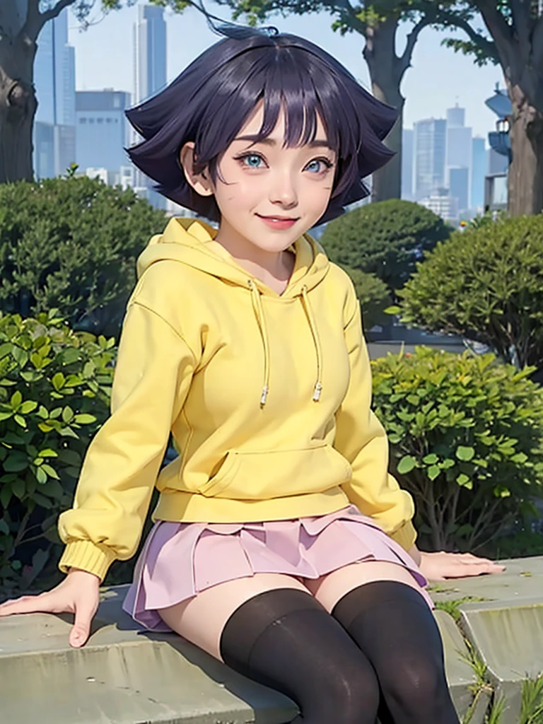 1girl, himawari anime naruto shipudden, short hair , purple hair, blue eyes, beautiful, Yellow clothes , smile, realistic clothes, detail clothes, city background, ultra detail, realistic