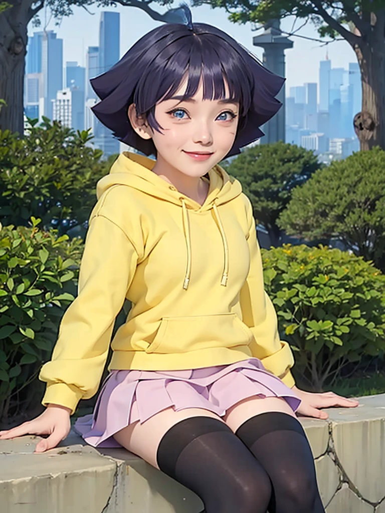 1girl, himawari anime naruto shipudden, short hair , purple hair, blue eyes, beautiful, Yellow clothes , smile, realistic clothes, detail clothes, city background, ultra detail, realistic