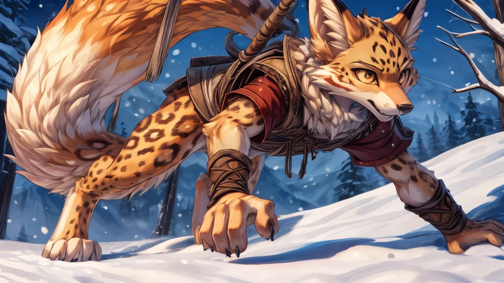 The best quality, Ocelot adolescent, fox face elongated snout add-detail, Surprise face, sweaty body, heated add_detail,, kitsune warrior in the snow add_detail:1, Whole body, barefoot add_detail:1 