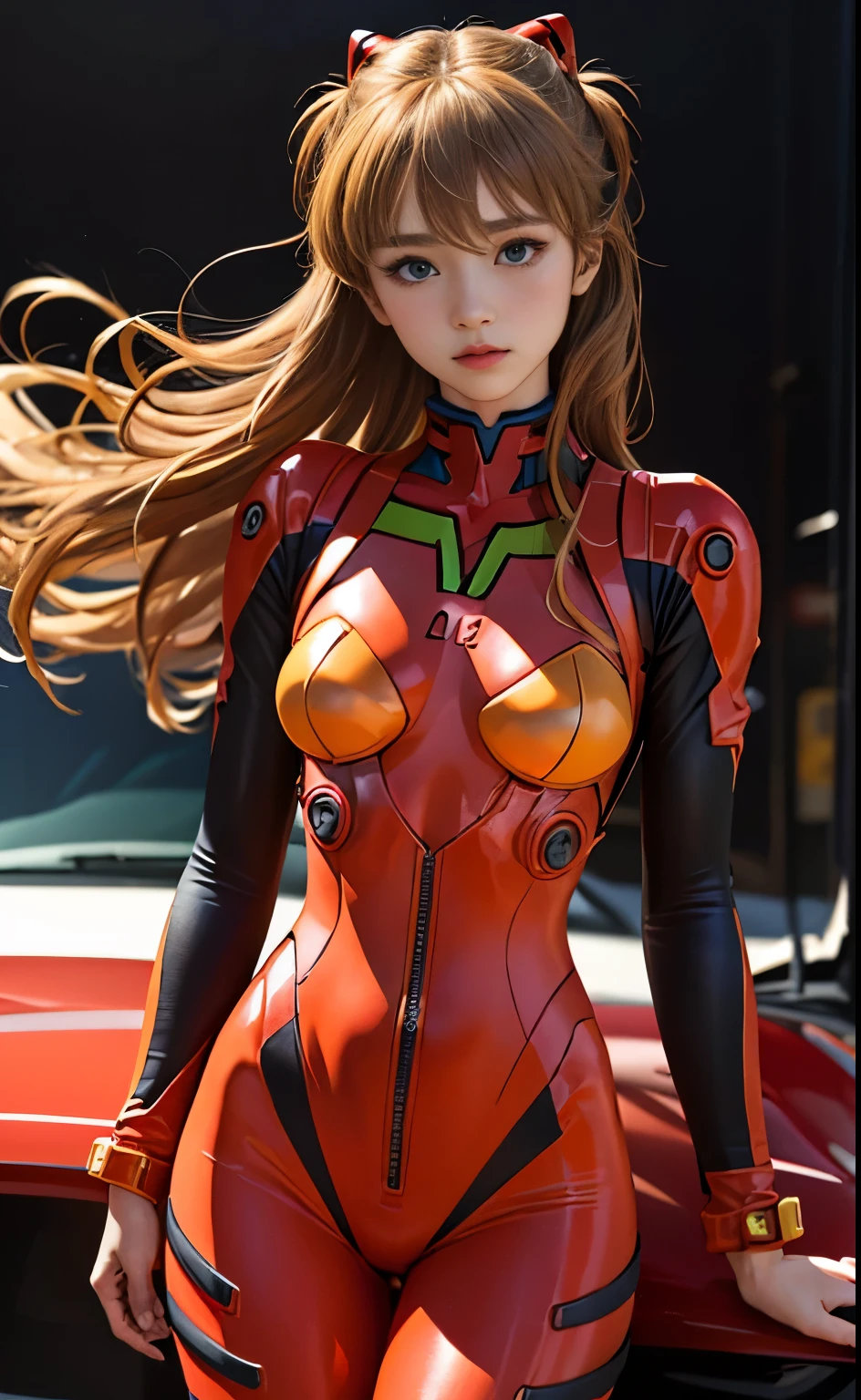(masterpiece:1.4、Highest quality)、(Intricate details)、Unity8k wallpaper、Ultra-detailed、Beautiful and mysterious、Detailed Background、Realistic、solo、Perfectly detailed face、Detailed blue eyes、Very detailed、blush、hair ornamentahogany Hair Chignon、(Blonde)、Plug Suit 02,Shikinami Asuka Langley、Evangelion、Looking into the camera、Look forward、cute、(Beautiful thighs)、Full Body Suit、Black Background、Large Breasts