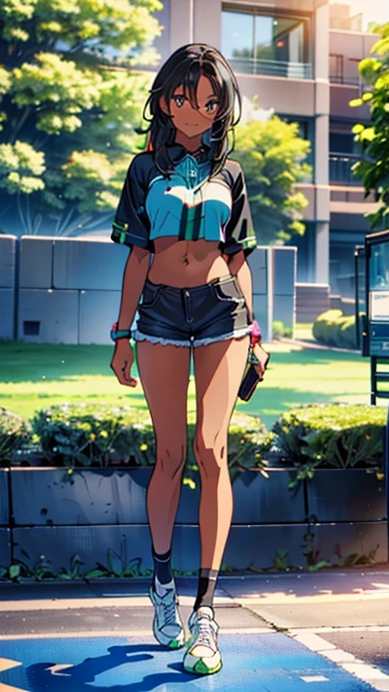 highly detailed, 8K, masterpiece, best quality, ((pretty teenager ebony girl)), ((ebony skin)), ((black girl)), ((ebony girl)), ((black skin)), green eyes, ((black hair)), long hair, ponytail, sport clothes, sport outfit, thin, ((full body scene)), ((full body)), ((full body angle)), pretty girl, (big-breasts:1), ((large chest)), standing, highschool scenario, highschool background, school scenario, school background, (Ultra High Resolution: 1.2), (RAW Photo: 1.2)