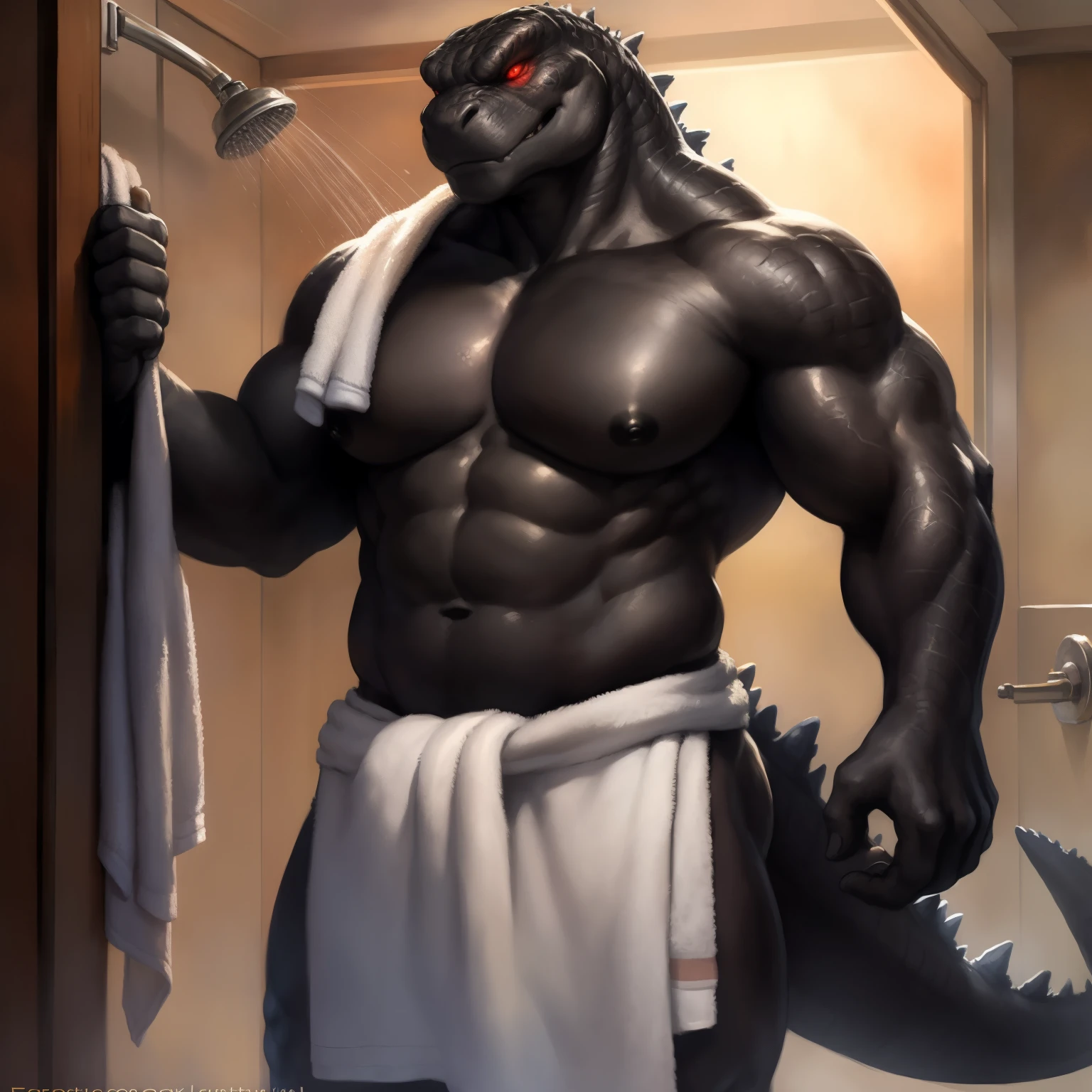 standing (((wearing towel))) , white shower room, a beautiful and detailed portrait of a huge male feral godzilla, red eyes, glowing eyes, black body, black skin, black nipples, nipples, buff, tail, kenket, Ross Tran,ruan jia, trending on artstation,foxovh, cenematic lighting, vip, body, full body, big body, muscular anthro, big pecs, front view