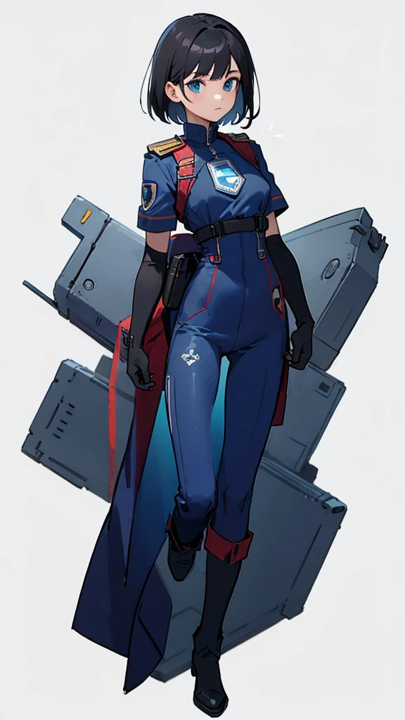 1,An android that resembles a human,Deep blue eyes,Short black hair,Dark blue uniform,Island symbol on chest,Red armband on right arm,gloves,Dark blue pants for easy movement,Many side pockets,Black leather boots,badge,White background,whole body,Character portrait,